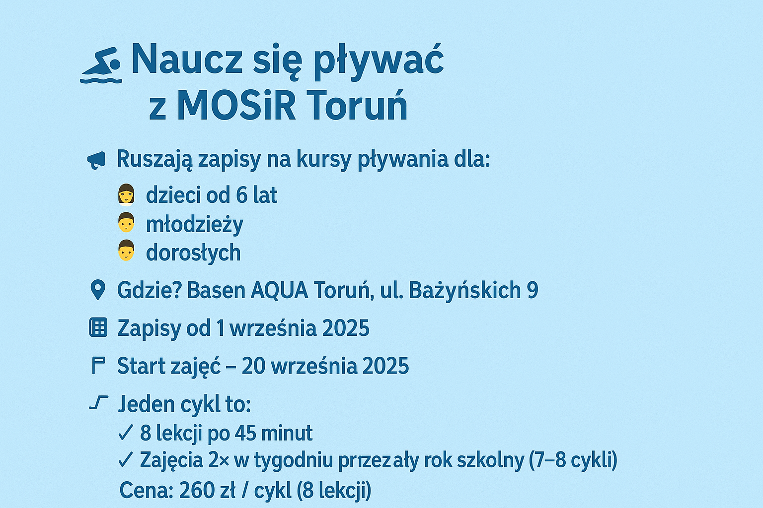 Nauka pływania z MOSiR Toruń – zapisy na nowy sezon